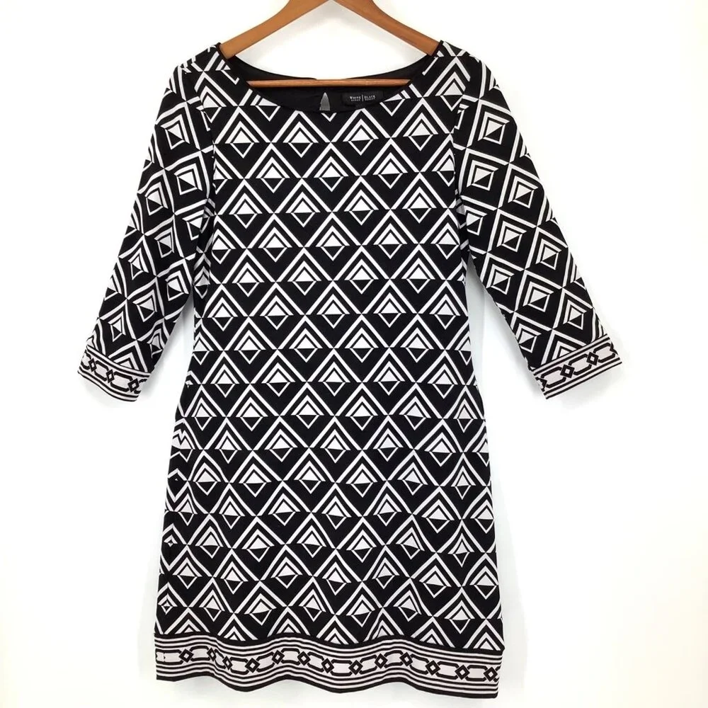 WHITE HOUSE BLACK MARKET Women's Black & White M Geometric 3/4 Sleeve Dress - Picture 1 of 7
